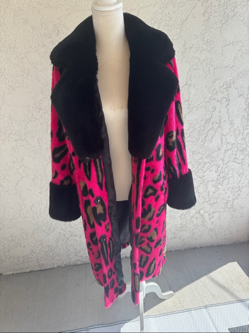Maeve Hot Pink Leopard Teddy Coat with Black Trim